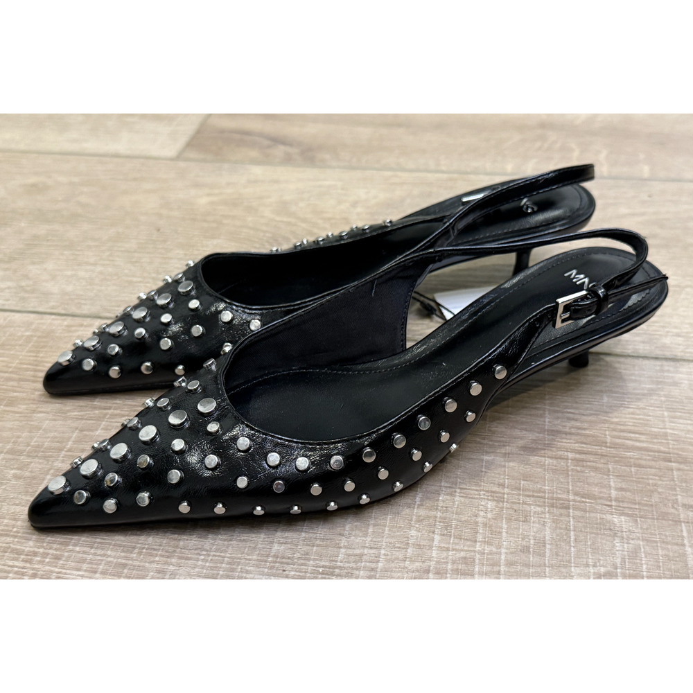 NEW MANGO MNG BLACK STUDDED KITTEN HEELS SLINGBACK PUMPS SHOES SZ 6.5 37 - Picture 13 of 14